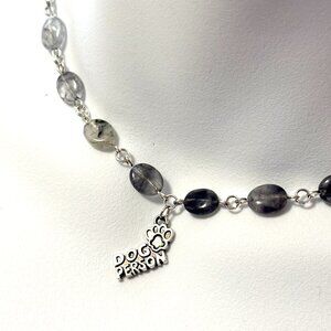 Genuine Grey Tourmalinated Quartz Short Necklace,Gemstone & Dog Person Paw Print